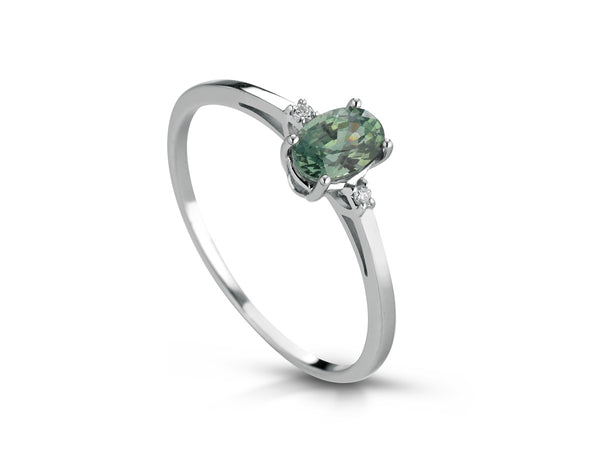 PG Gioielli Anello Oro Bianco Diamanti Ct 0,02 Corindone verde Ct 0,60